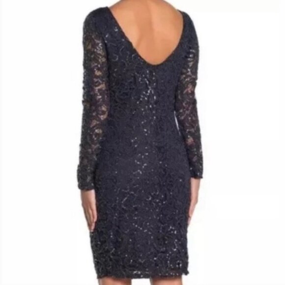 MARINA Navy blue Longsleeve Sequin Sheath Cocktail Dress Low Back Size ~ S - Picture 9 of 10